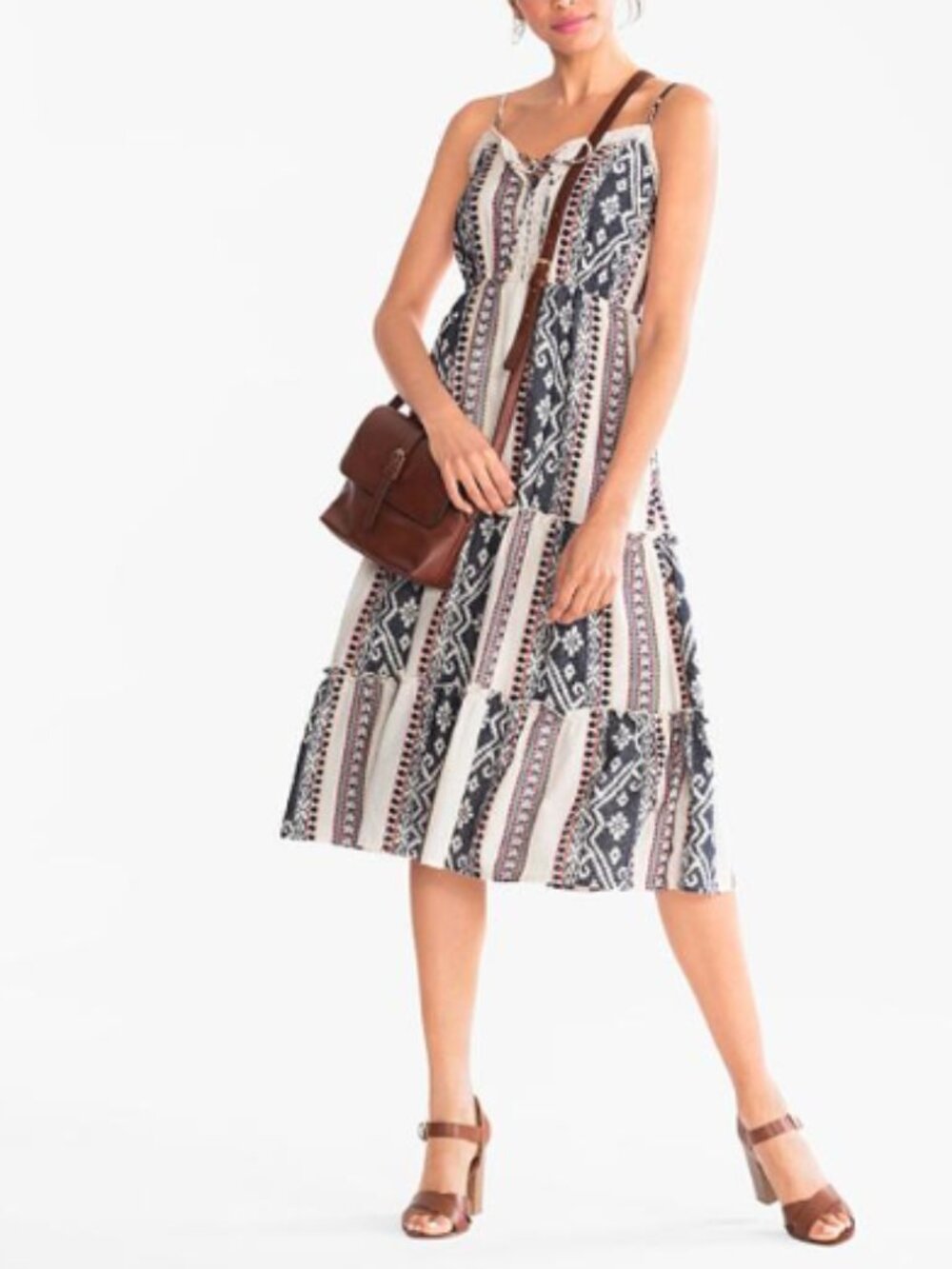 Yessica Fit and Flare Midi Dress Medium Womens Cream Aztec Boho Embroidered Chic